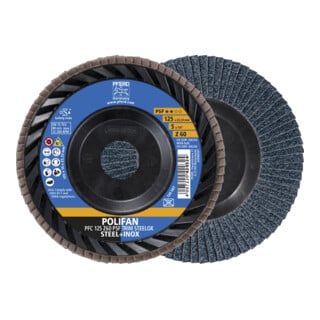 PFERD TOOLS POLIFAN Fächerscheibe PFC 125x22,23 mm konisch Z60 Universallinie PSF TRIM STEELOX für Stahl/Edelstahl