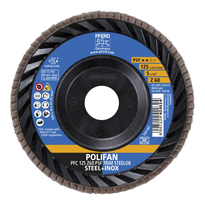 PFERD TOOLS POLIFAN Fächerscheibe PFC 125x22,23 mm konisch Z60 Universallinie PSF TRIM STEELOX für Stahl/Edelstahl