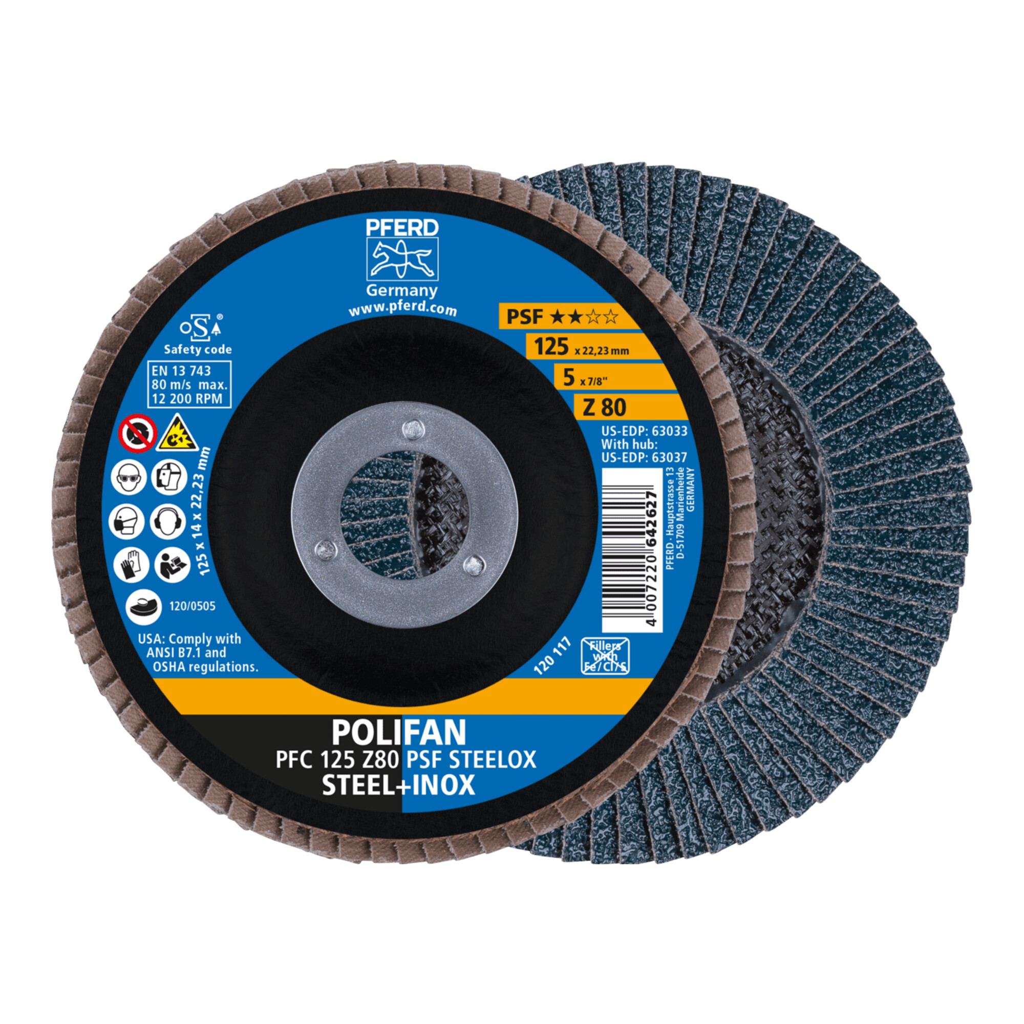 PFERD TOOLS POLIFAN Fächerscheibe PFC 125x22,23 mm konisch Z80 Uni.-Linie PSF STEELOX Stahl/Edelstahl (10)