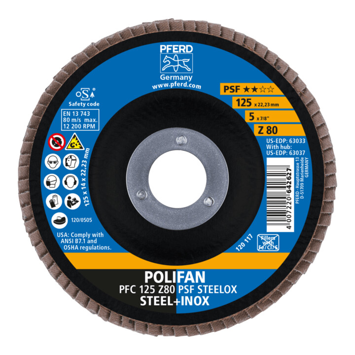 PFERD TOOLS POLIFAN Fächerscheibe PFC 125x22,23 mm konisch Z80 Uni.-Linie PSF STEELOX Stahl/Edelstahl