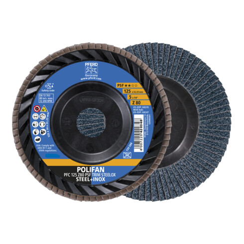PFERD TOOLS POLIFAN Fächerscheibe PFC 125x22,23 mm konisch Z80 Universallinie PSF TRIM STEELOX für Stahl/Edelstahl