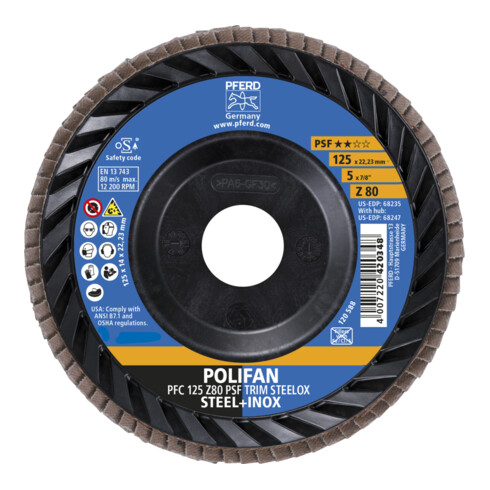 PFERD TOOLS POLIFAN Fächerscheibe PFC 125x22,23 mm konisch Z80 Universallinie PSF TRIM STEELOX für Stahl/Edelstahl