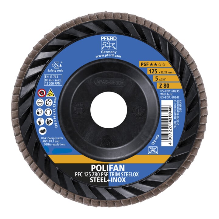 PFERD TOOLS POLIFAN Fächerscheibe PFC 125x22,23 mm konisch Z80 Universallinie PSF TRIM STEELOX für Stahl/Edelstahl
