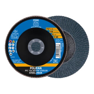 PFERD TOOLS POLIFAN Fächerscheibe PFC 150x22,23 mm konisch Z60 Uni.-Linie PSF STEELOX Stahl/Edelstahl