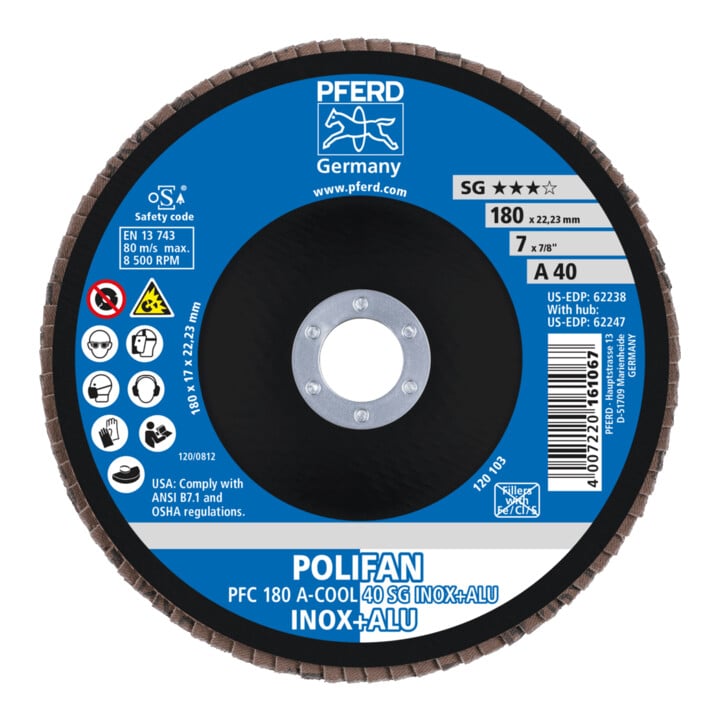 PFERD TOOLS POLIFAN Fächerscheibe PFC 180x22,23 mm konisch A-COOL 40 SG INOX+ALU Edelstahl/Alu