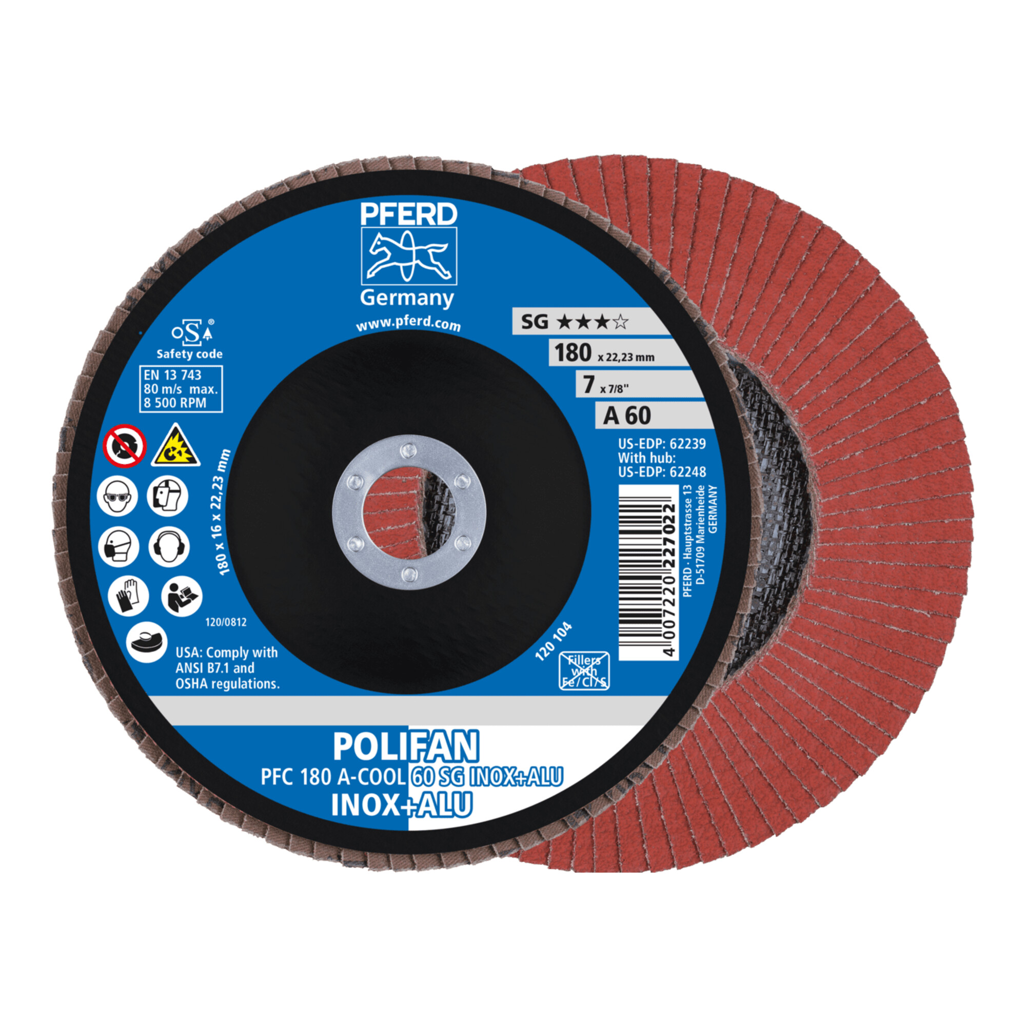 PFERD TOOLS POLIFAN Fächerscheibe PFC 180x22,23 mm konisch A-COOL 60 SG INOX+ALU Edelstahl/Alu