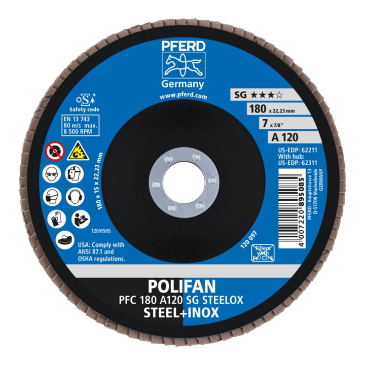 PFERD TOOLS POLIFAN Fächerscheibe PFC 180x22,23 mm konisch A120 SG STEELOX Stahl/Edelstahl