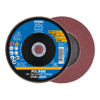 PFERD TOOLS POLIFAN Fächerscheibe PFC 180x22,23 mm konisch A40 Uni.-Linie PSF STEELOX Stahl/Edelstahl