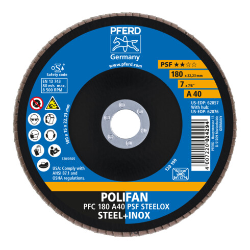 PFERD TOOLS POLIFAN Fächerscheibe PFC 180x22,23 mm konisch A40 Uni.-Linie PSF STEELOX Stahl/Edelstahl