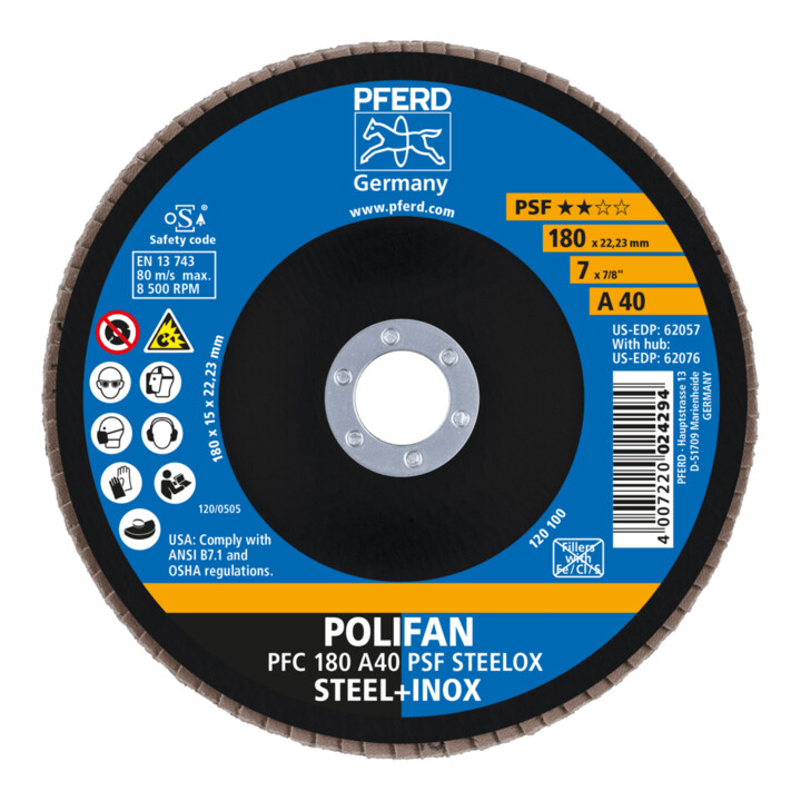 PFERD TOOLS POLIFAN Fächerscheibe PFC 180x22,23 mm konisch A40 Uni.-Linie PSF STEELOX Stahl/Edelstahl