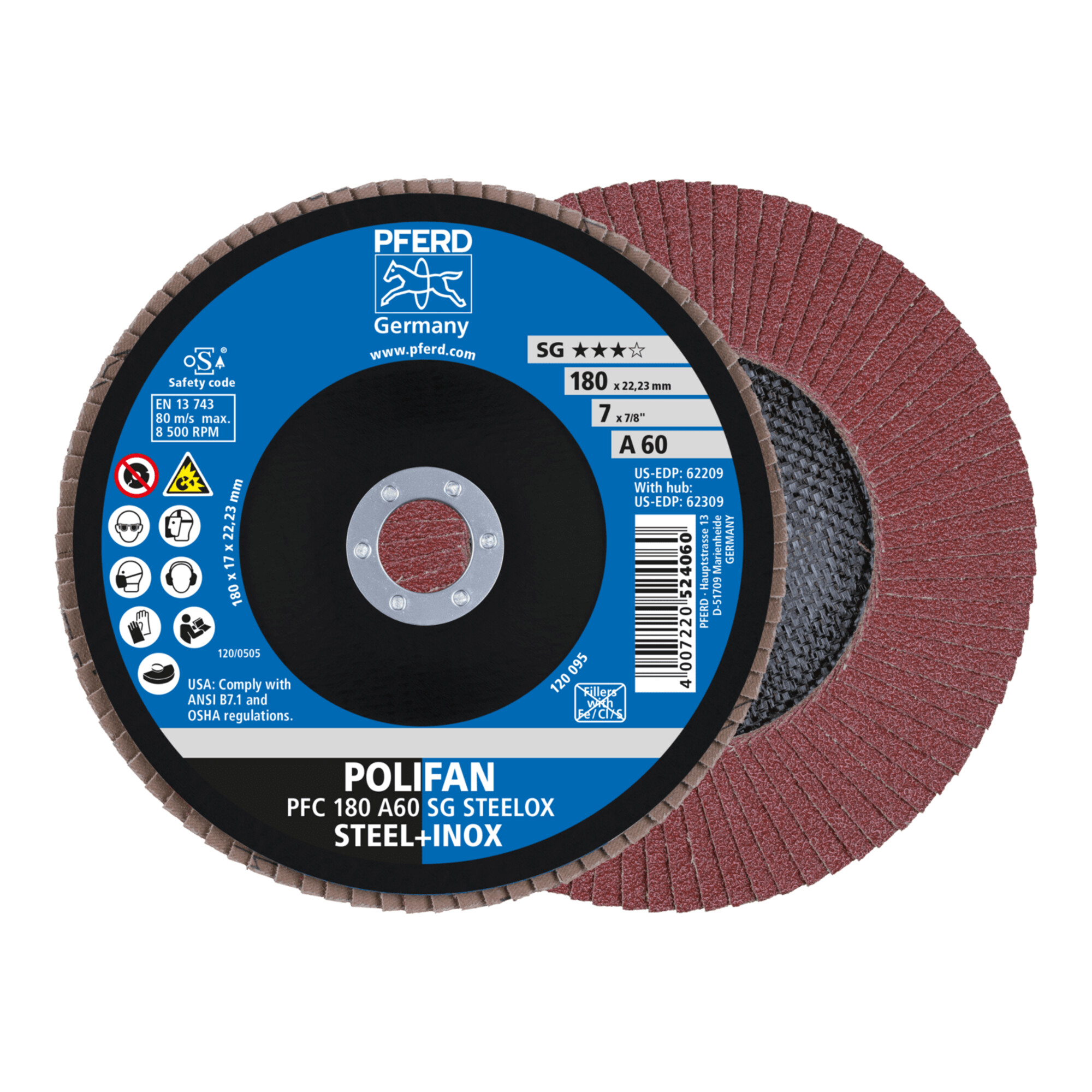PFERD TOOLS POLIFAN Fächerscheibe PFC 180x22,23 mm konisch A60 SG STEELOX Stahl/Edelstahl