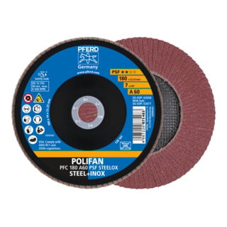PFERD TOOLS POLIFAN Fächerscheibe PFC 180x22,23 mm konisch A60 Uni.-Linie PSF STEELOX Stahl/Edelstahl