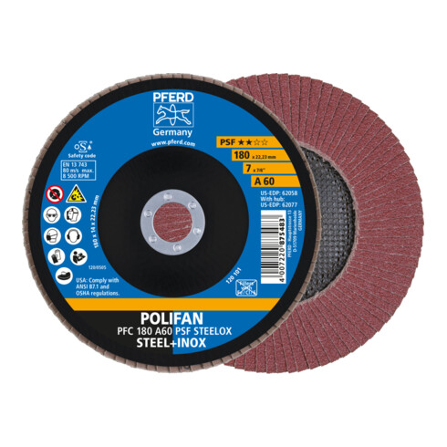 PFERD TOOLS POLIFAN Fächerscheibe PFC 180x22,23 mm konisch A60 Uni.-Linie PSF STEELOX Stahl/Edelstahl