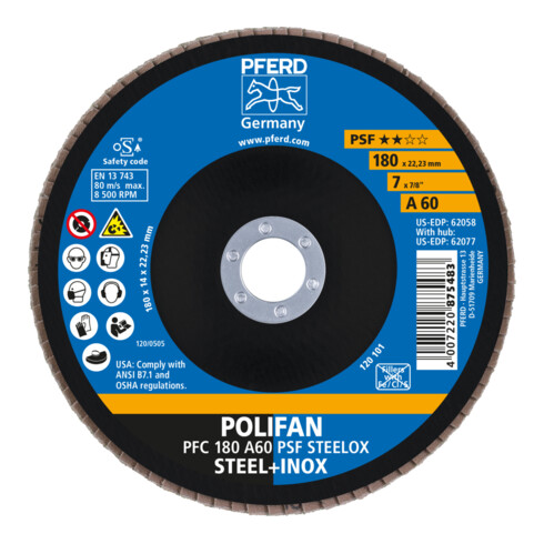 PFERD TOOLS POLIFAN Fächerscheibe PFC 180x22,23 mm konisch A60 Uni.-Linie PSF STEELOX Stahl/Edelstahl