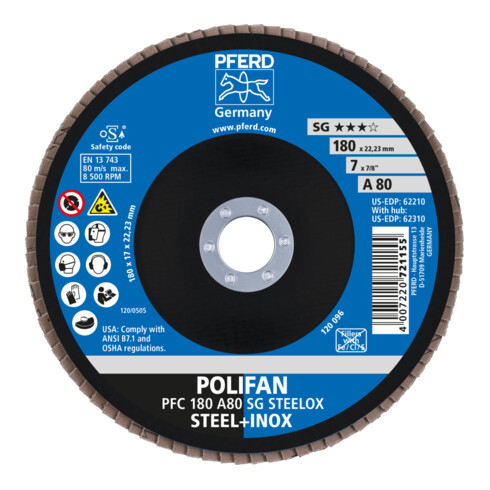PFERD TOOLS POLIFAN Fächerscheibe PFC 180x22,23 mm konisch A80 SG STEELOX Stahl/Edelstahl