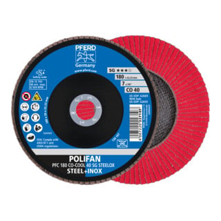 PFERD TOOLS POLIFAN Fächerscheibe PFC 180x22,23 mm konisch CO-COOL 40 SG STEELOX Stahl/Edelstahl
