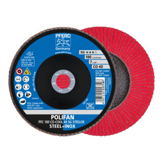 PFERD TOOLS POLIFAN Fächerscheibe PFC 180x22,23 mm konisch CO-COOL 40 SG STEELOX Stahl/Edelstahl