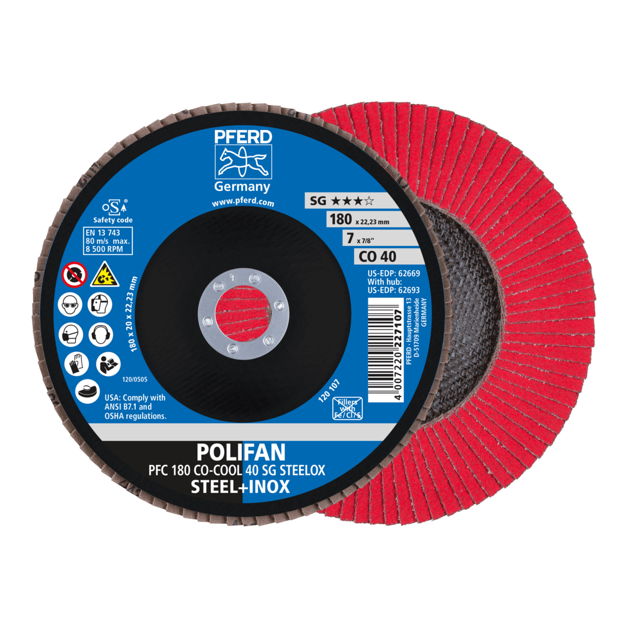 PFERD TOOLS POLIFAN Fächerscheibe PFC 180x22,23 mm konisch CO-COOL 40 SG STEELOX Stahl/Edelstahl