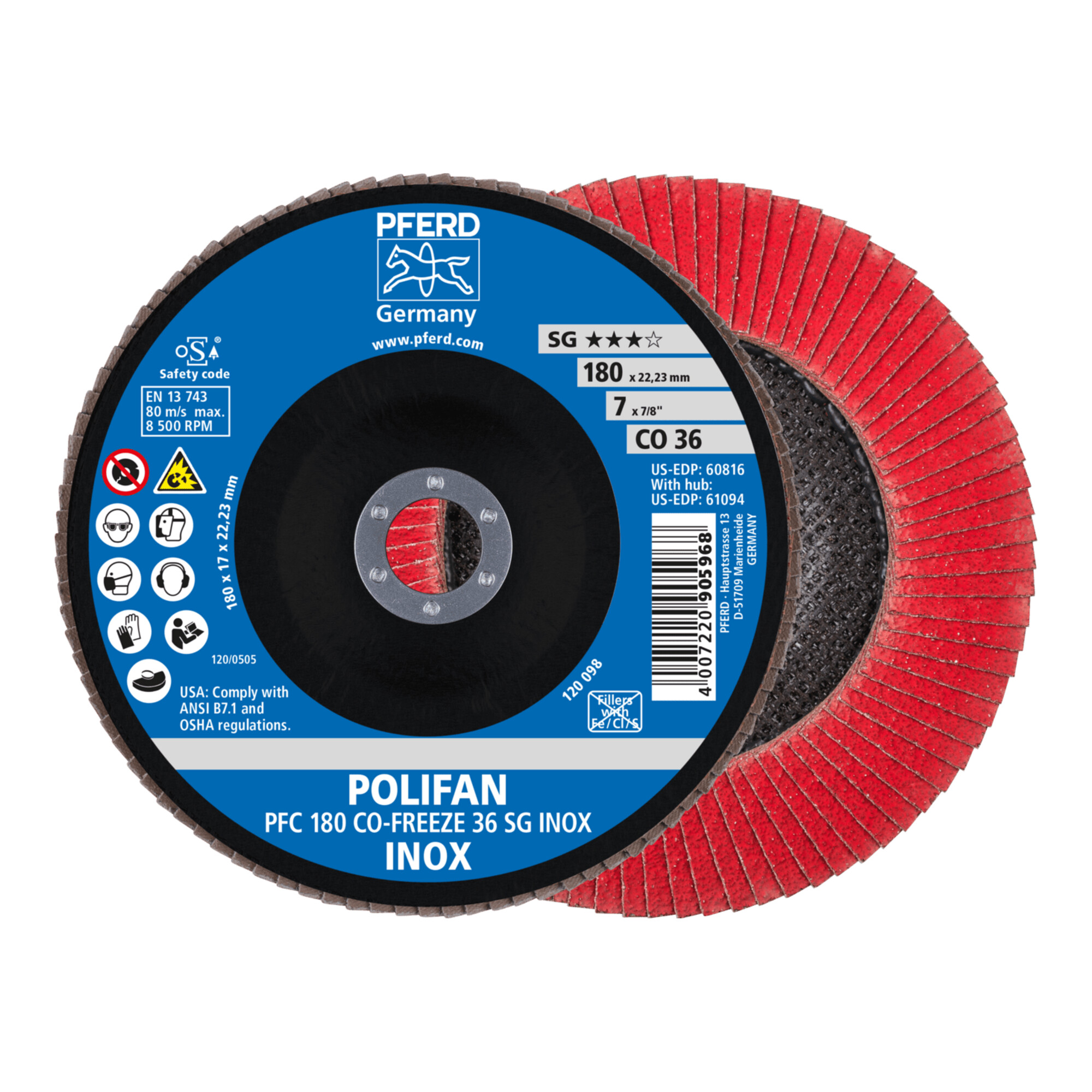 PFERD TOOLS POLIFAN Fächerscheibe PFC 180x22,23 mm konisch CO-FREEZE 36 SG INOX Edelstahl