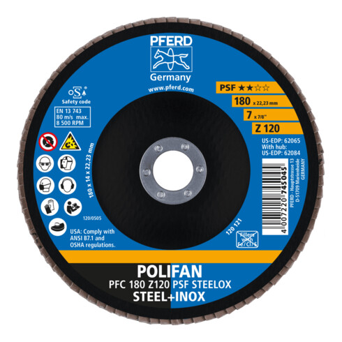 PFERD TOOLS POLIFAN Fächerscheibe PFC 180x22,23 mm konisch Z120 Uni.-Linie PSF STEELOX Stahl/Edelstahl