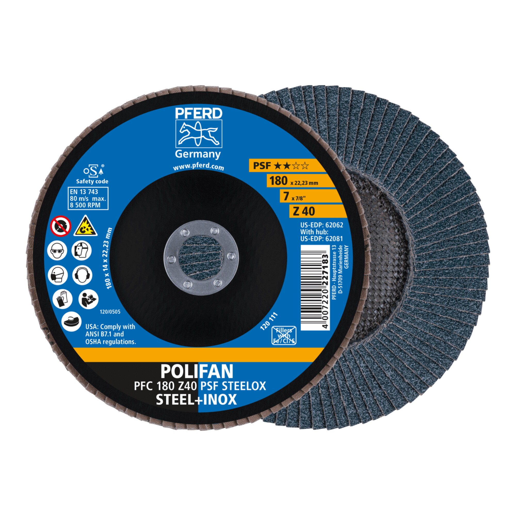 PFERD TOOLS POLIFAN Fächerscheibe PFC 180x22,23 mm konisch Z40 Uni.-Linie PSF STEELOX Stahl/Edelstahl