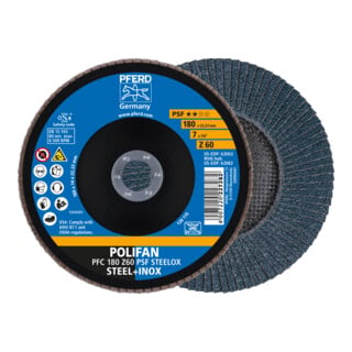 PFERD TOOLS POLIFAN Fächerscheibe PFC 180x22,23 mm konisch Z60 Uni.-Linie PSF STEELOX Stahl/Edelstahl