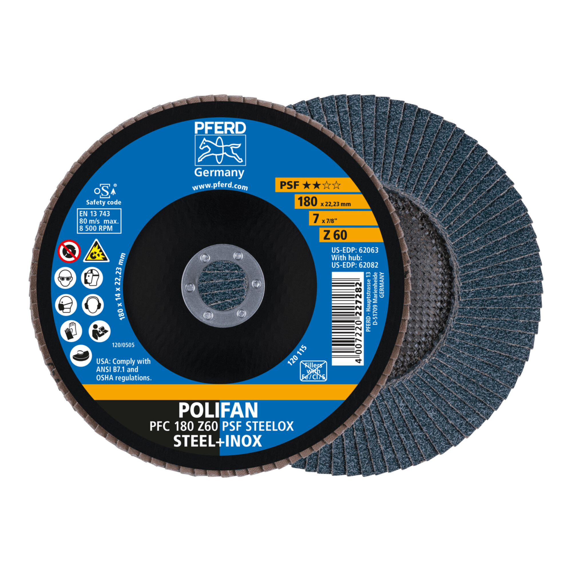 PFERD TOOLS POLIFAN Fächerscheibe PFC 180x22,23 mm konisch Z60 Uni.-Linie PSF STEELOX Stahl/Edelstahl
