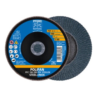 PFERD TOOLS POLIFAN Fächerscheibe PFC 180x22,23 mm konisch Z80 Uni.-Linie PSF STEELOX Stahl/Edelstahl
