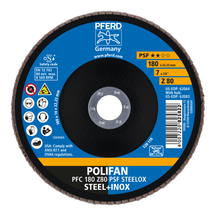 PFERD TOOLS POLIFAN Fächerscheibe PFC 180x22,23 mm konisch Z80 Uni.-Linie PSF STEELOX Stahl/Edelstahl