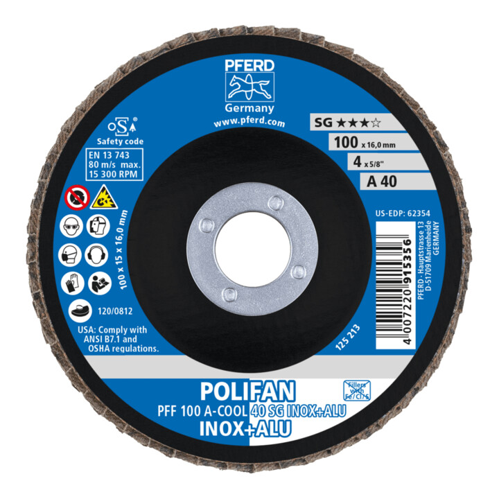 PFERD TOOLS POLIFAN Fächerscheibe PFF 100x16 mm flach A-COOL 40 SG INOX+ALU Edelstahl/Alu