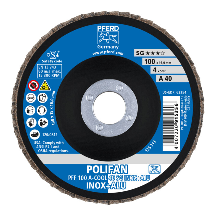PFERD TOOLS POLIFAN Fächerscheibe PFF 100x16 mm flach A-COOL 40 SG INOX+ALU Edelstahl/Alu