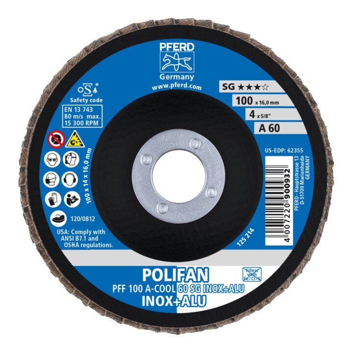 PFERD TOOLS POLIFAN Fächerscheibe PFF 100x16 mm flach A-COOL 60 SG INOX+ALU Edelstahl/Alu