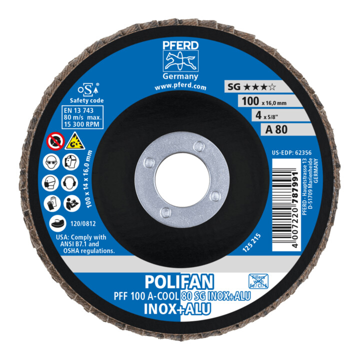 PFERD TOOLS POLIFAN Fächerscheibe PFF 100x16 mm flach A-COOL 80 SG INOX+ALU Edelstahl/Alu