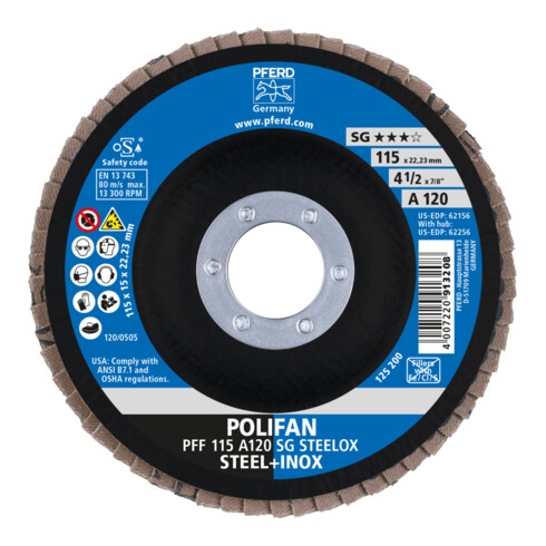 PFERD TOOLS POLIFAN Fächerscheibe PFF 115x22,23 mm flach A120 Leistungslinie SG STEELOX Stahl/Edelstahl