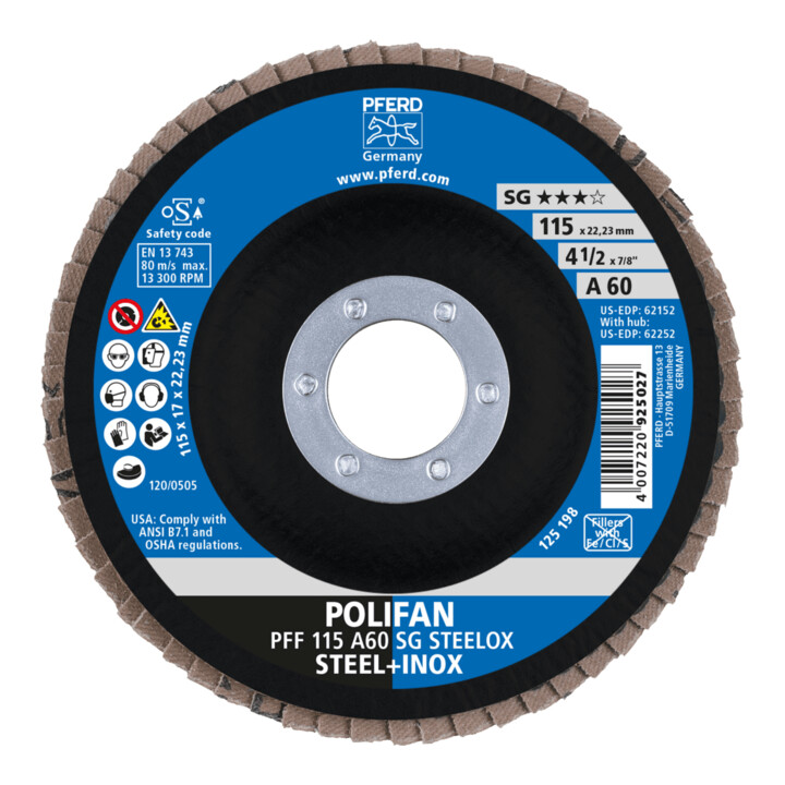 PFERD TOOLS POLIFAN Fächerscheibe PFF 115x22,23 mm flach A60 Leistungslinie SG STEELOX Stahl/Edelstahl