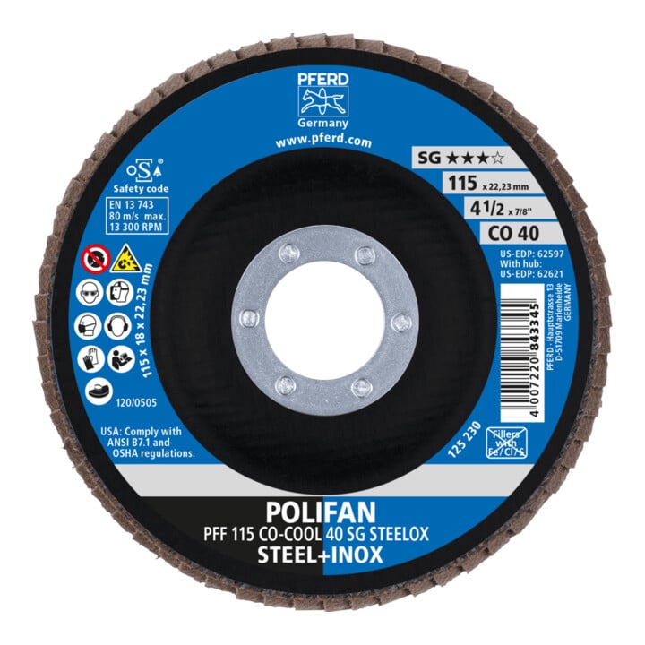 PFERD TOOLS POLIFAN Fächerscheibe PFF 115x22,23 mm flach CO-COOL 40 Leistungslinie SG STEELOX Stahl/Edelstahl