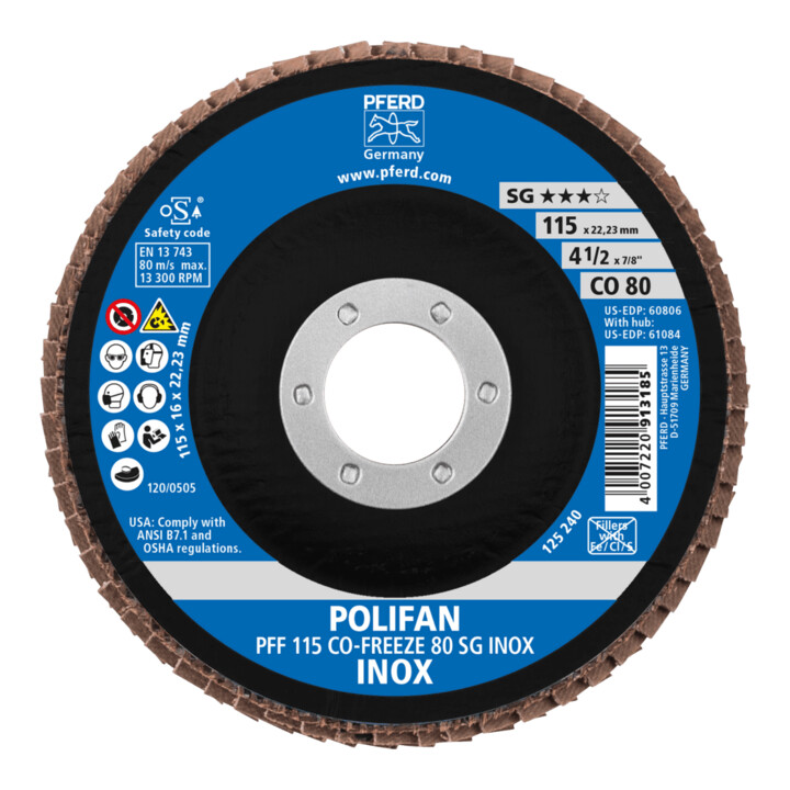 PFERD TOOLS POLIFAN Fächerscheibe PFF 115x22,23 mm flach CO-FREEZE 80 Leistungslinie SG INOX Edelstahl