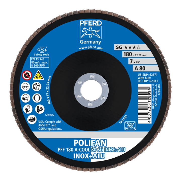 PFERD TOOLS POLIFAN Fächerscheibe PFF 180x22,23 mm flach A-COOL 80 SG INOX+ALU Edelstahl/Alu