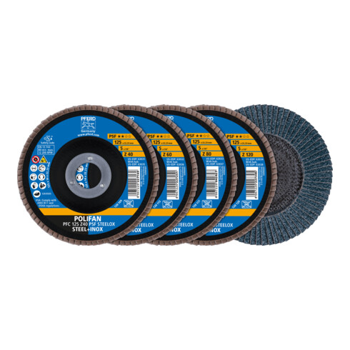 PFERD TOOLS POLIFAN Fächerscheiben Set PFC 125 konisch Z40/60/80/120 PSF STEELOX für Stahl/Edelstahl
