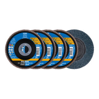 PFERD TOOLS POLIFAN Fächerscheiben Set PFC 125 konisch Z40/60/80/120 PSF STEELOX für Stahl/Edelstahl