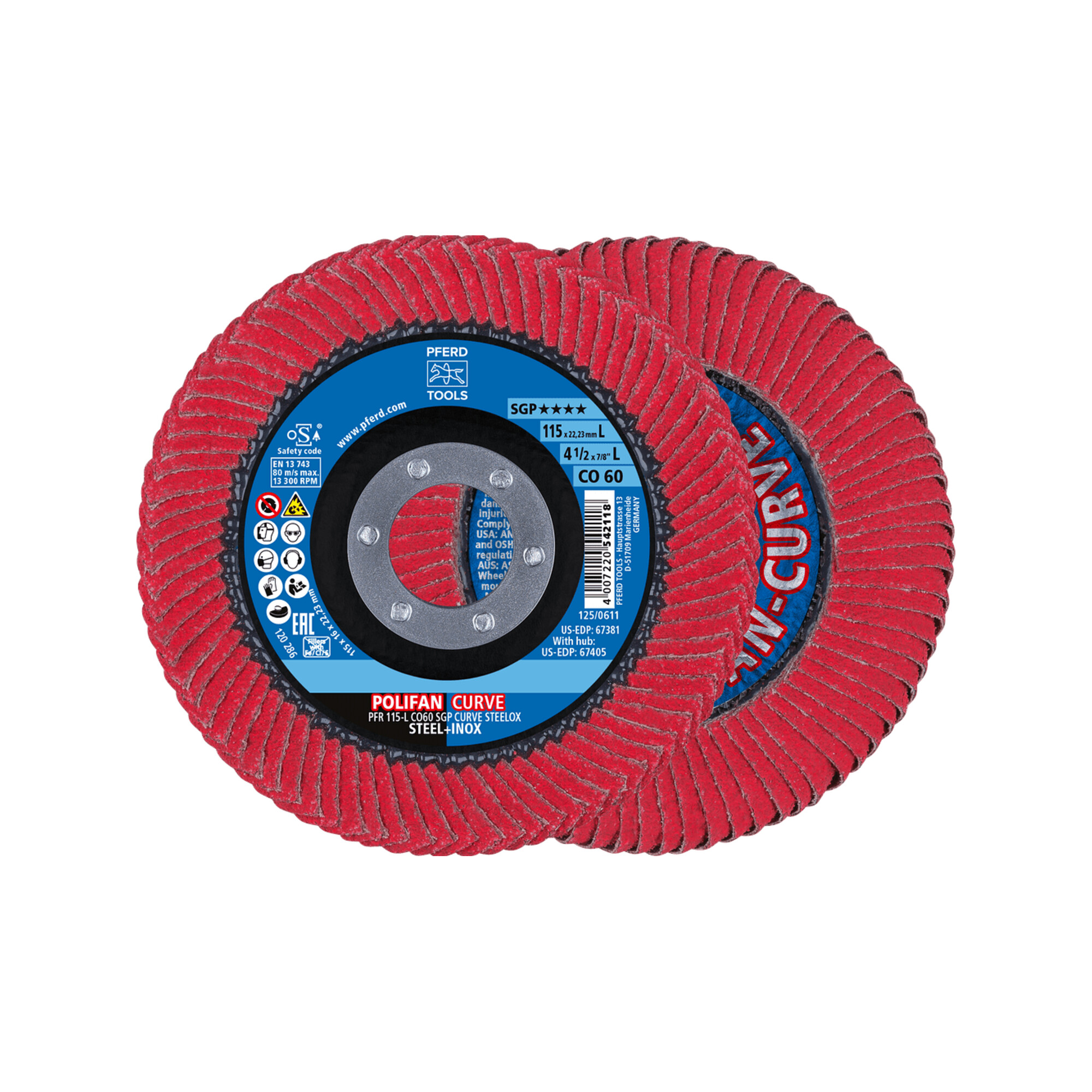 PFERD TOOLS POLIFAN-Flap Discs PFR 115-L CO 60 SGP CURVE STEELOX