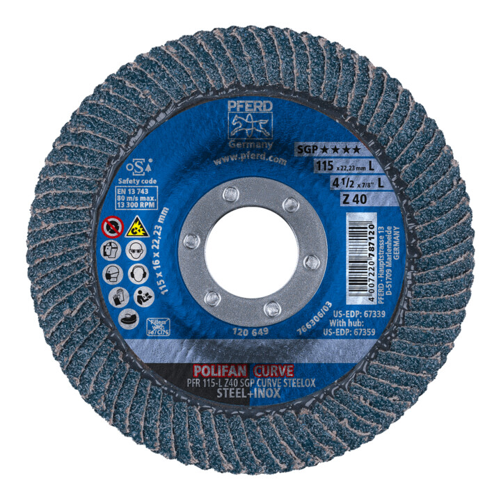PFERD TOOLS POLIFAN-Flap Discs PFR 115-L Z 40 SGP CURVE STEELOX