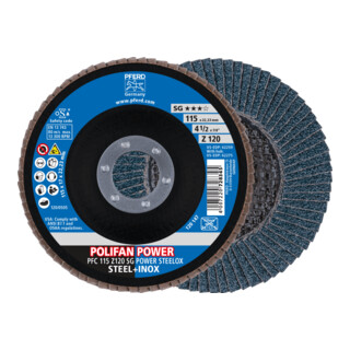 PFERD TOOLS POLIFAN POWER Fächerscheibe PFC 115x22,23 mm konisch Z120 SG STEELOX Stahl/Edelstahl