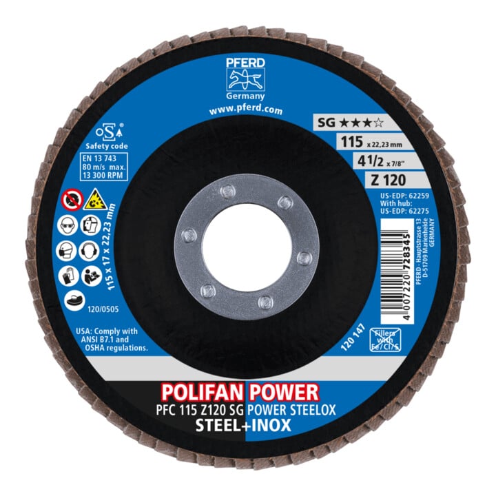 PFERD TOOLS POLIFAN POWER Fächerscheibe PFC 115x22,23 mm konisch Z120 SG STEELOX Stahl/Edelstahl