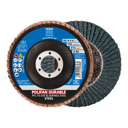 PFERD TOOLS POLIFAN POWER Fächerscheibe PFC 115x22,23 mm konisch Z40 Leistungslinie SG DURABLE STEEL für Stahl