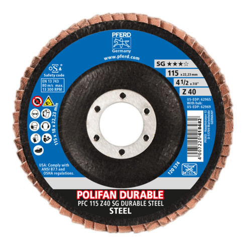 PFERD TOOLS POLIFAN POWER Fächerscheibe PFC 115x22,23 mm konisch Z40 Leistungslinie SG DURABLE STEEL für Stahl