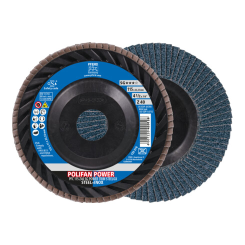 PFERD TOOLS POLIFAN POWER Fächerscheibe PFC 115x22,23 mm konisch Z40 Leistungslinie SG TRIM STEELOX für Stahl/Edelstahl