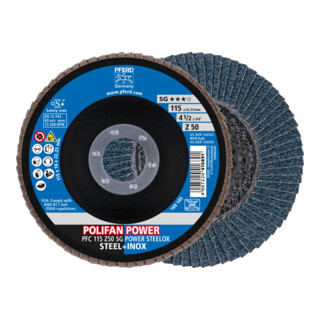 PFERD TOOLS POLIFAN POWER Fächerscheibe PFC 115x22,23 mm konisch Z50 Leistungslinie SG STEELOX für Stahl/Edelstahl