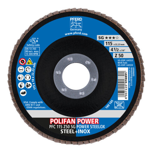 PFERD TOOLS POLIFAN POWER Fächerscheibe PFC 115x22,23 mm konisch Z50 Leistungslinie SG STEELOX für Stahl/Edelstahl