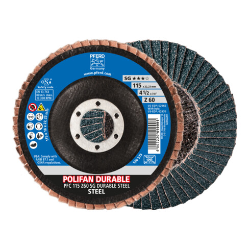 PFERD TOOLS POLIFAN POWER Fächerscheibe PFC 115x22,23 mm konisch Z60 Leistungslinie SG DURABLE STEEL für Stahl